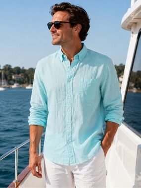 Banana Republic Linen Blend Button-Down Shirt Men’s 16-16.5 L Coastal Dadcore